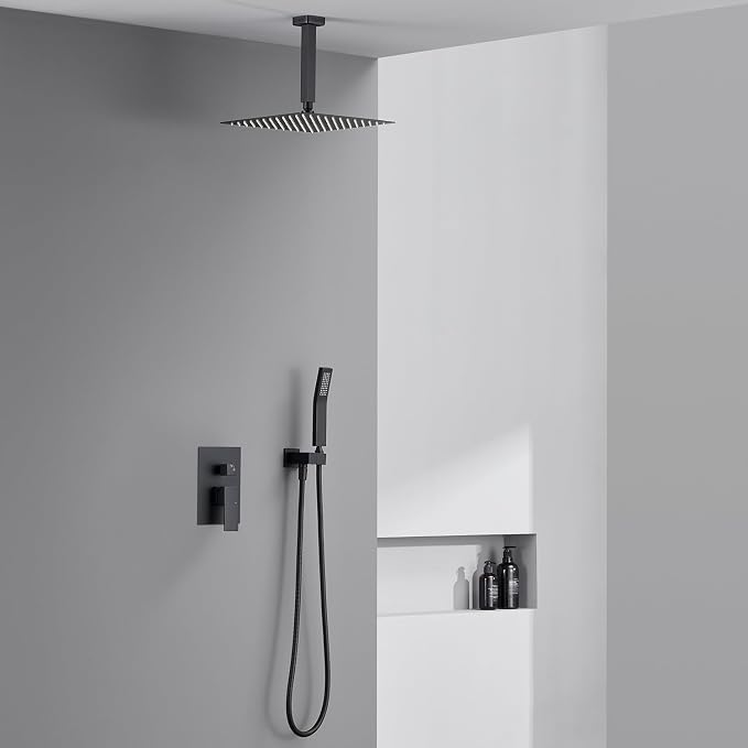 Shower System 12 Inches Rain Shower Combo Set Black Ceiling Mount Shower Faucet Bathroom Faucets with Rainfall Shower Head and Hand Shower