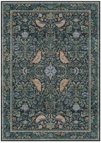 Large Washable Floral 10x14 Area Rug for Living Room - Boho Soft Rugs for Bedroom, Low Pile Carpet for Dining Room, Vintage Bird Blue and Green Indoor Décor, Non-Slip Stain & Fade Resistant