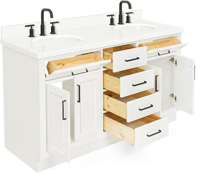 ARIEL Hepburn 60-inch Bathroom Vanity with Sink,Solid Wood, 1.5-inch Pure White Quartz Countertop & Backsplash, Double Oval Porcelain Sink, 4 Soft Closing Doors, 6 Dovetail Drawers, White