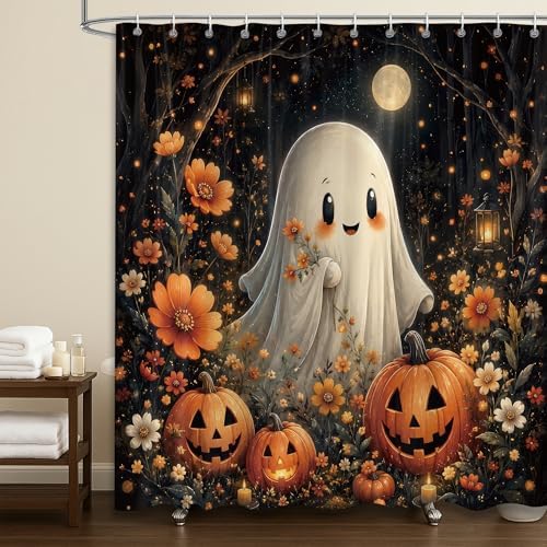 Halloween Shower Curtain, Funny Spooky Pumpkin Floral Shower Curtains Set for Bathroom, Waterproof Polyester Bathroom Decor Accessories with Hooks, 72x72 Inch