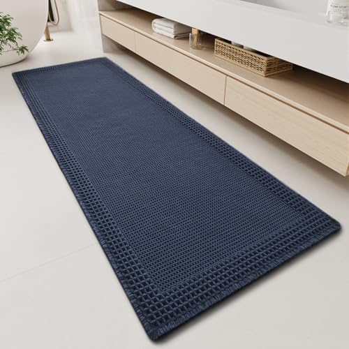RESARE Waffle Bathroom Runner Rugs, Non Slip Boho Bath Mat 24"x60" Navy