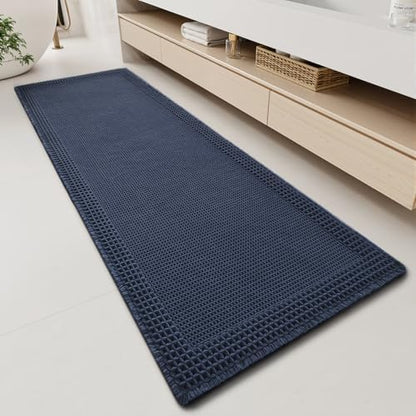 RESARE Waffle Bathroom Runner Rugs, Non Slip Boho Bath Mat 24"x60" Navy