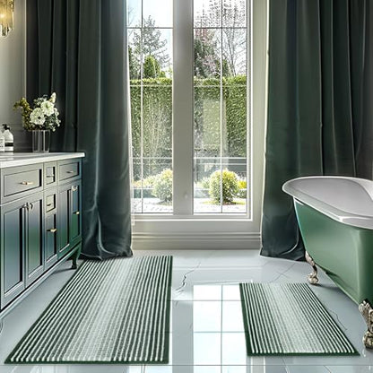 BSICPRO Bathroom Rugs Sets 2 Piece, Non Slip Striped Bath Mat, Hunter Green