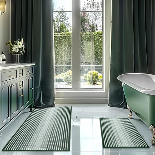 BSICPRO Bathroom Rugs Sets 2 Piece, Non Slip Striped Bath Mat, Hunter Green