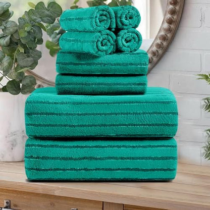 8 Pcs Blue Green Cabana Stripe Large Bath Towel Set - Oversize Bath Sheet, 2 Bathroom Towels, 2 Hand Towels, 4 Washcloths - Soft, Jumbo, Absorbent Shower Towel - Quick Dry, Beach, Spa, Gym Towel
