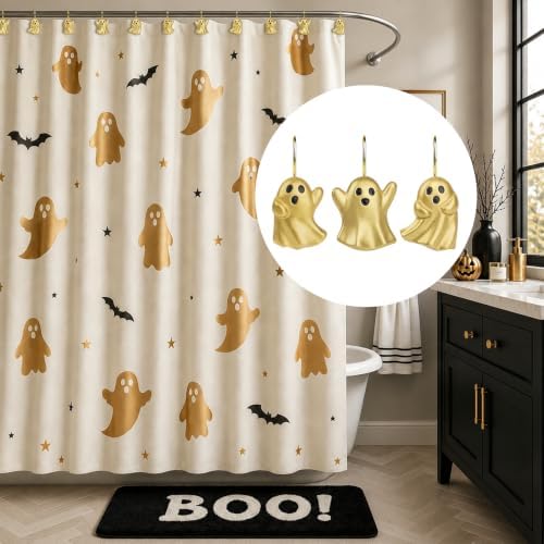 Sunlit Ghost Shower Curtain Hooks, Home Decorative Shower Curtain Rings for Bathroom, Halloween Shower Curtain Hangers Bathroom Accessories, Set of 12, Golden