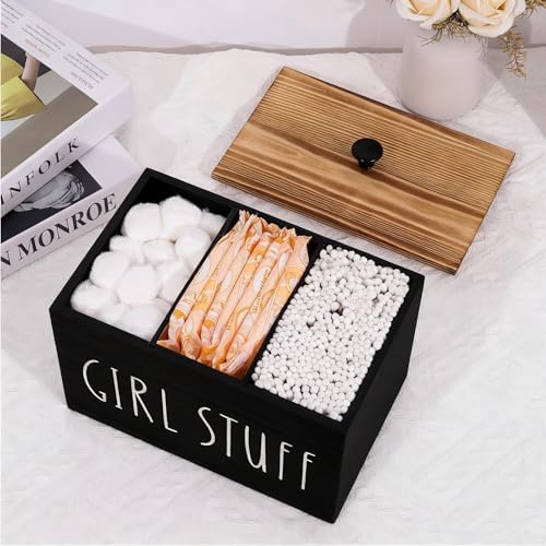 Tampon Holder Feminine Product Organizer with Lid Wood Dispenser