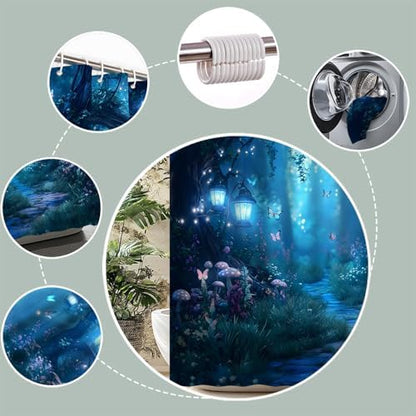 Fantasy Forest Path Shower Curtain Blue Fairy Magical Enchanted Misty Jungle Mushroom Floral Tree Butterfly Lantern Wonderland Bath Curtain Fabric Bathroom Accessories Decor with Hooks 70W x80L