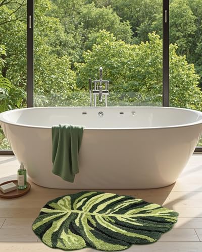 DEXI Cute Bath Mat, Green Leaf Monstera Bathroom Rugs 47x31.5