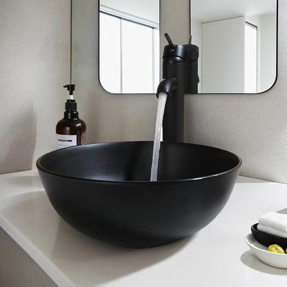 Black Resin Vessel Sink Set 13 inch Round | With Faucet and Pop-Up Drain, Top Mount Bathroom Basin, Compact Design, Space Saving for Small Bathrooms