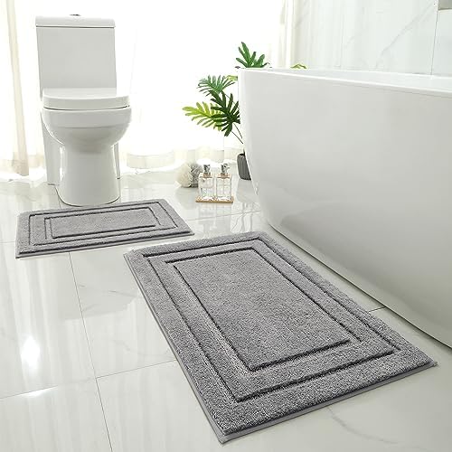 HOMEIDEAS Bathroom Rugs Sets 2 Piece, Super Soft Non Slip Bath Mat Grey