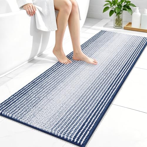 OLANLY Bathroom Runner Rugs 47x20, Soft Chenille Striped Bath Rugs, Navy