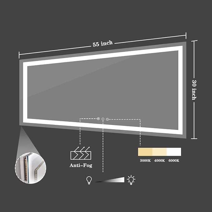 LED Bathroom Mirror, 55"X30" with Front Light and Backlit | Stepless Dimmable, Anti-Fog, Shatter-Proof, HD Reflection, Memory, 3 Colors Lighting, UL Listed (Horizontal/Vertical).
