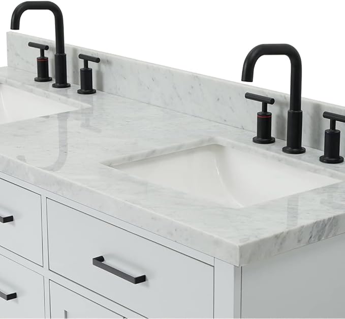 ARIEL Hepburn 60-inch Bathroom Vanity with Sink,Solid Wood, 1.5-inch Italian Carrara Marble Countertop, Double Rectangular Porcelain Sink, 4 Soft Closing Doors, 6 Dovetail Drawers, Grey