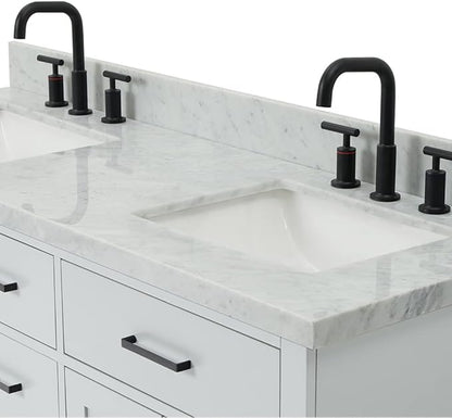 ARIEL Hepburn 60-inch Bathroom Vanity with Sink,Solid Wood, 1.5-inch Italian Carrara Marble Countertop, Double Rectangular Porcelain Sink, 4 Soft Closing Doors, 6 Dovetail Drawers, Grey