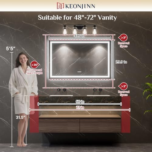 Keonjinn 48" x 30" Lighted Mirrors for Bathroom Wall, Frontlit & Backlit