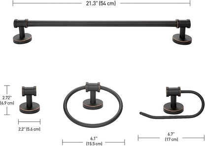 Globe Electric 51415 Camden 5-Piece All-in-One Bathroom Set, 3 Vanity Light with Seeded Glass Shades, Bar, Towel Ring, Robe Hook, Toilet Paper Holder, Bronze