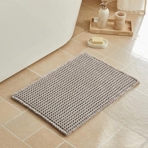 Triohero Waffle Bath Mat, Small Boho Bathroom Rugs, 16x24 Light Grey
