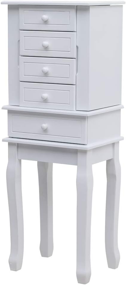 Standing Jewelry Armoire with Mirror, 5 Drawers & 14 Necklace Hooks, Jewelry Cabinet Chest with Removable Ring Storage Slot and Top Storage Organizer, 2 Side Swing Doors