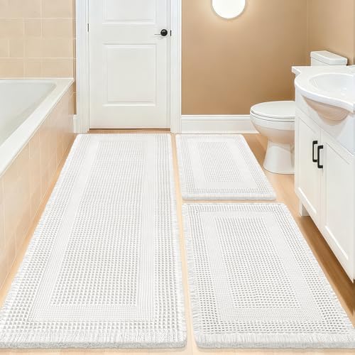 IM HOME Upgrade Waffle Bath Mat Set 3 Piece, Boho Bathroom Rugs Absorbent Non Slip, Soft Bathroom Mats, Machine Washable Knit Bath Rugs with Tassels for Bathroom, Bedroom, Kitchen, Shower, Tub, White