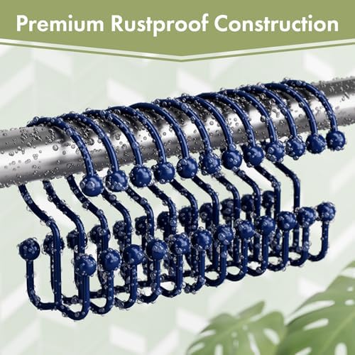 Amazer Navy Blue Shower Curtain Hooks, 12PCS Minimalist Simple Double Shower Curtain Rings, Rust-Resistant Metal Shower Hooks Shower Curtain Hangers, Shower Rings for Bathroom Shower Rods Curtains