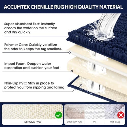 ACCUMTEK Upgrade Luxury 2 Piece Navy Blue Toilet Bathroom Rug Mat 32"x20"+24"x17", Ultra Soft Thick Absorbent Bath Mats, Non Slip Chenille Toilet Mat for Bathroom, Bedroom, Kitchen, Shower, Tub