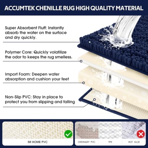 ACCUMTEK Upgrade Luxury 2 Piece Navy Blue Toilet Bathroom Rug Mat 60"x20"+32"x20", Ultra Soft Thick Absorbent Bath Mats, Non Slip Chenille Toilet Mat for Bathroom, Bedroom, Kitchen, Shower, Tub