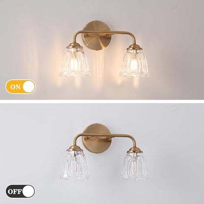 Vintage Brass Vanity Light, 2-Light Bathroom Lighting Fixtures Over Mirror, Elegant Vanity Lighting for Bathroom with Clear Glass Shade, Gold Wall Sconce Lighting for Bedroom, Living Room