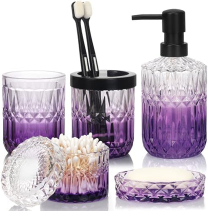 Bathroom Accessories Set, 5Pcs Bathroom Soap Dispenser Set, Glass Bathroom Accessories with Glass Soap Dispenser, Soap Dish, Toothbrush Holder, Tumbler, Cotton Swab Jar (Clear & Purple)