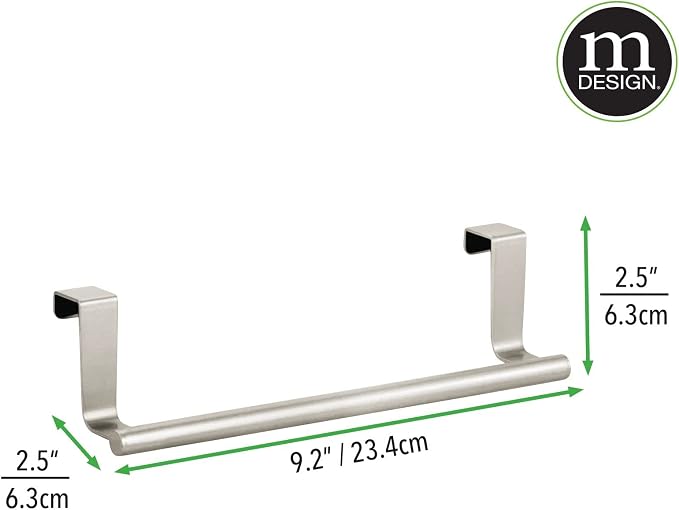mDesign Metal Over Kitchen Cabinet Door Towel Bar Holder for Hand, Dish, and Tea Towel Rack - Over the Door Towel Bar - Hang on Inside or Outside of Doors - Kitchen Organizer - Omni Collection - Satin