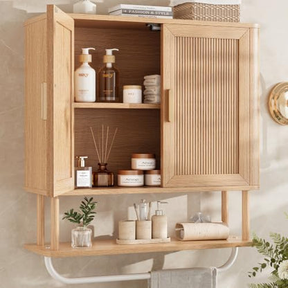 INNOD Bathroom Storage Cabinet with Towel Bar, Over the Toilet Storage Shelf, Medicine Cabinet with Adjustable Wood Shelf & Doors for Laundry Room & Kitchen & Living Room (Natural Oak)