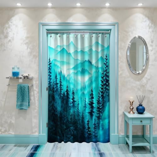 Dark Teal Forest Stall Shower Curtain, 48X72 in Narrow Small, Mountain
