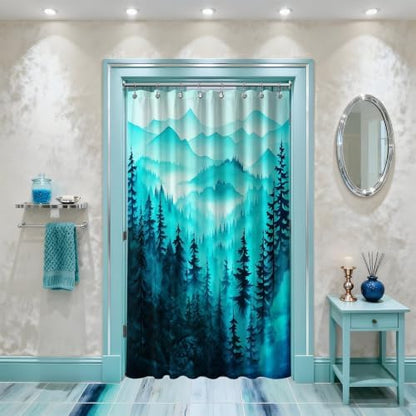 Dark Teal Forest Stall Shower Curtain, 48X72 in Narrow Small, Mountain