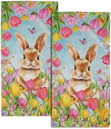 Easter Bunny Hand Towels, 14x28 Inch Spring Tulip Floral Rabbit Butterfly Absorbent Soft Dish Washing Cloth Face Tea Towels for Kitchen Bathroom Farmhouse Seasonal Decoration