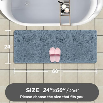 Bathroom Runner Rug 24 x 60 Inch – Extra Large Long Bath Mat | Absorbent and Washable Thick Chenille Bath Rug Non-Slip Runner Rug for Bathroom Floor, Shower, Sink(Blue)