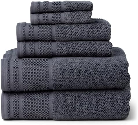 Texere 100% Organic Cotton Rice Weave Jacquard 700 GSM Luxury Bath Towel Sets - Ultra Soft and Absorbent Hotel Quality, 2 Large Bath Towels, 2 Hand Towels, 2 Washcloths (Rice Weave, Charcoal, 6 Piece)