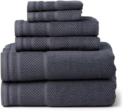 Texere 100% Organic Cotton Rice Weave Jacquard 700 GSM Luxury Bath Towel Sets - Ultra Soft and Absorbent Hotel Quality, 2 Large Bath Towels, 2 Hand Towels, 2 Washcloths (Rice Weave, Charcoal, 6 Piece)