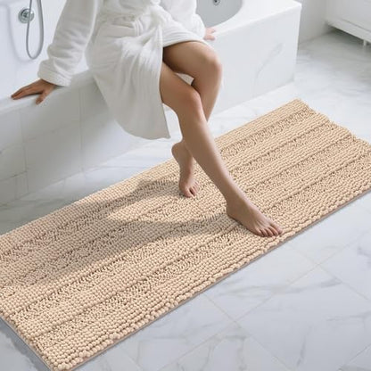 Yimobra Chenille Extra Long Bathroom Runner Rug 70 x 24, Ideal for Large and Master Bathrooms, Tub-to-Vanity Use and Long Walkways, Non-Slip Super Absorbent Quick Dry, Ultra Plush Bath Runner, Beige