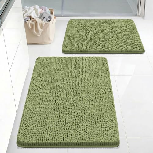 Bcoimo Bath Rugs Mat Set,2 Piece Non Slip Chenille Sage Bathroom Mat Sets