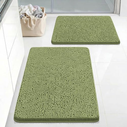 Bcoimo Bath Rugs Mat Set,2 Piece Non Slip Chenille Sage Bathroom Mat Sets