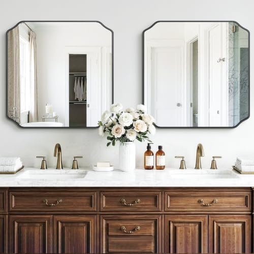 Vanity Bathroom Mirror, 30" x 30" Black Scalloped Mirror for Wall