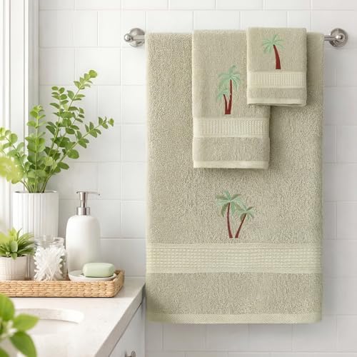 3 Pcs Summer Palm Tree Bathroom Towel Set Farmhouse Embroidered Palm Tree Towels Vintage Decorative 100% Cotton Bath Towel Highly Absorbent Elegant Summer Decor Set for Bathroom