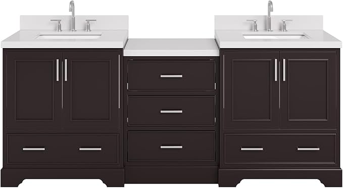ARIEL Stafford 84-inch Bathroom Vanity with Sink,Solid Wood, 1.5in Pure White Quartz Countertop & Backsplash, Double Rectangular Porcelain Sink, 4 Soft Closing Doors, 5 Dovetail Drawers, Espresso