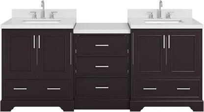 ARIEL Stafford 84-inch Bathroom Vanity with Sink,Solid Wood, 1.5in Pure White Quartz Countertop & Backsplash, Double Rectangular Porcelain Sink, 4 Soft Closing Doors, 5 Dovetail Drawers, Espresso
