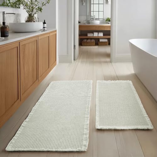 JIUZHEN Set of 2 Waffle Bath Mats Boho Bathroom Runner Rug 20"x32"+24"x48"