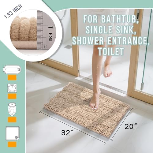 Yimobra Bathroom Rug Mat 32 x 20, Non Slip and Super Absorbent Bath Mat,Machine Washable Quick Dry,Ultra Plush Chenille Shower Rugs for Bathroom Floor Sink Tub and Shower Outside, Beige