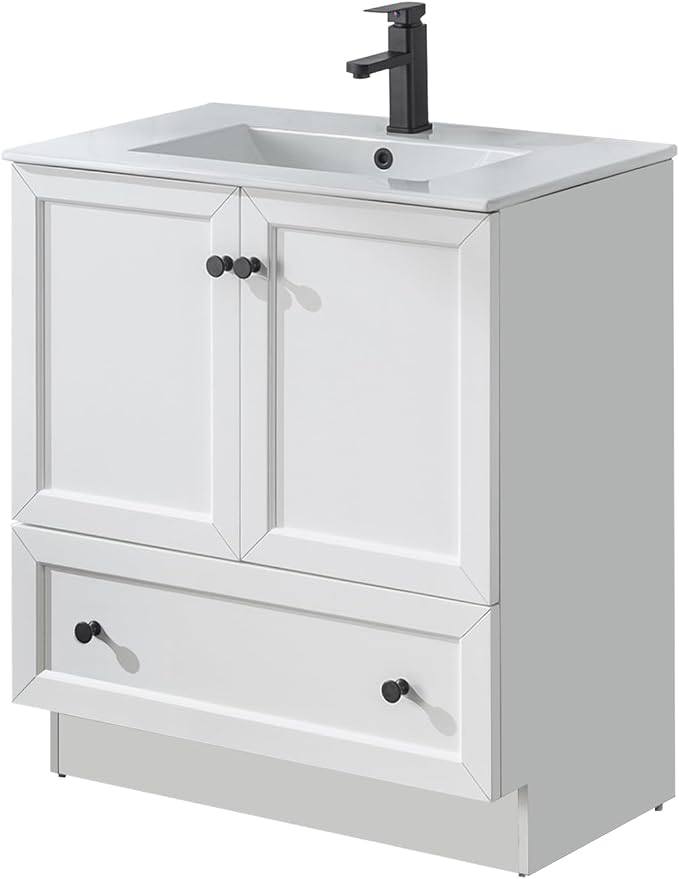 LUCKWIND 30" Farmhouse Bathroom Vanity with Sink Combo, Rustic Modern Bathroom Cabinet with Undermount Solid Surface Single Sink, Soft-Close Hinges & Water-Saving Faucet, White
