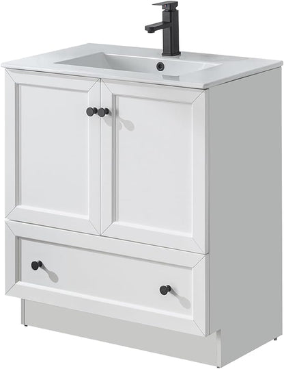 LUCKWIND 30" Farmhouse Bathroom Vanity with Sink Combo, Rustic Modern Bathroom Cabinet with Undermount Solid Surface Single Sink, Soft-Close Hinges & Water-Saving Faucet, White