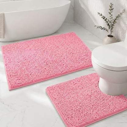 Bathroom Rugs Sets 2 Piece,Super Absorbent Soft,Thick,Machine Washable Chenille Bath Mat,Non Slip Toilet Floor Rug,Bath Mats for Bathroom,20x32 Plus 20x20 U Shape,Pink