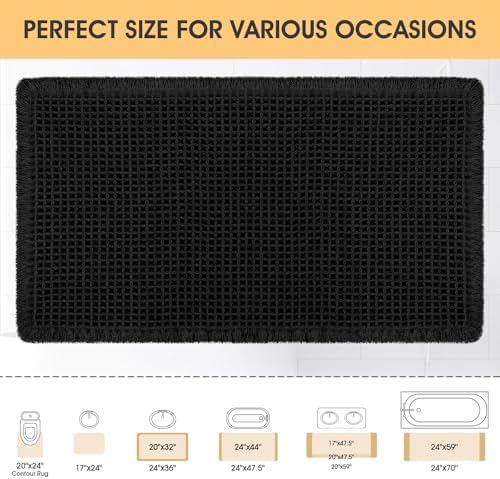 IM HOME Waffle Bath Mat Black 36"x24", Boho Woven Modern Bath Mat Rugs, Absorbent Non Slip Bathroom Rugs, Soft Washable Bath Rugs with Tassels for Bathroom, Bedroom, Kitchen, Shower, Tub